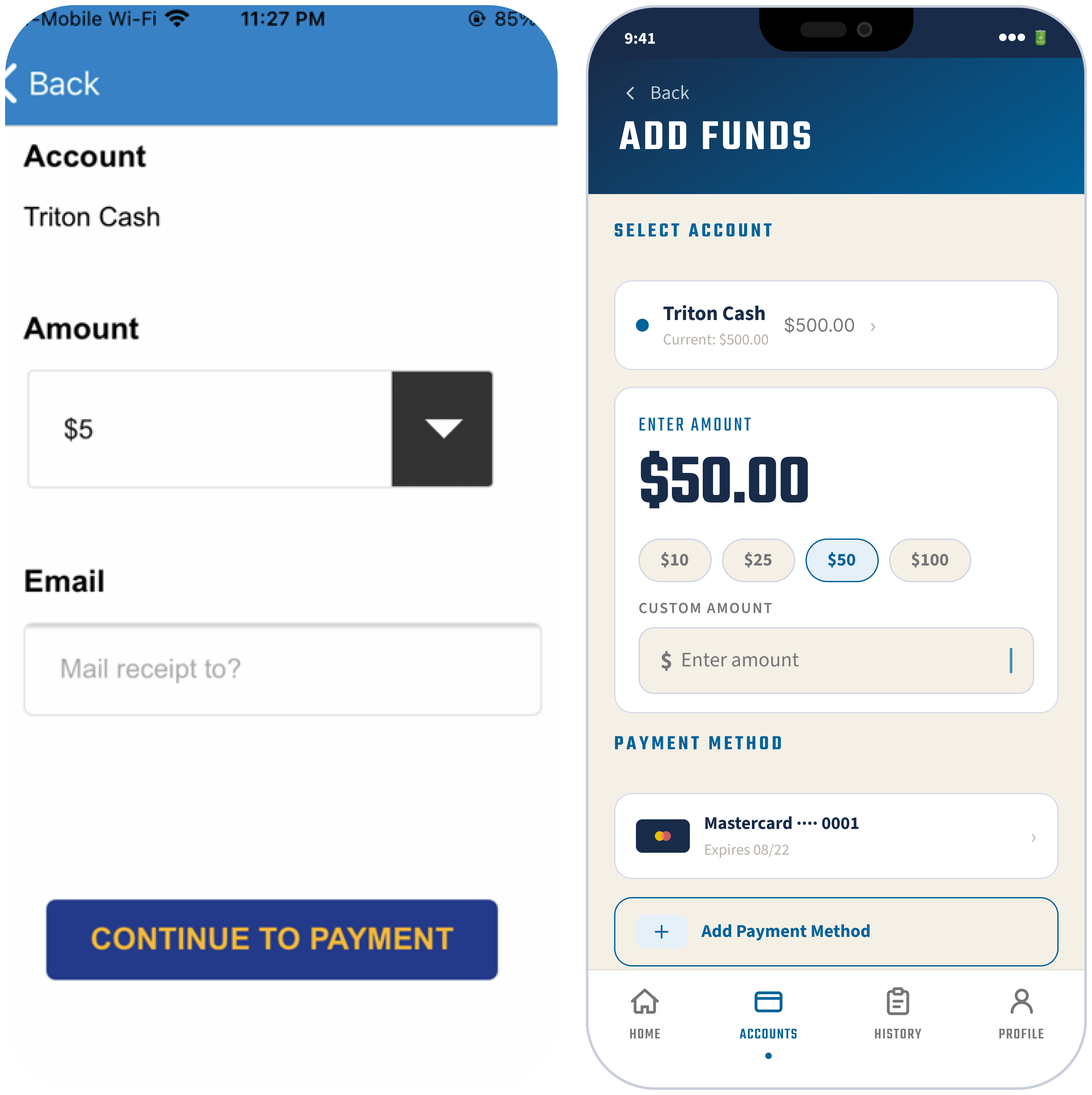 Deposit screen before and after redesign: original requires 4 screens and a billing address form; redesign consolidates everything onto one screen