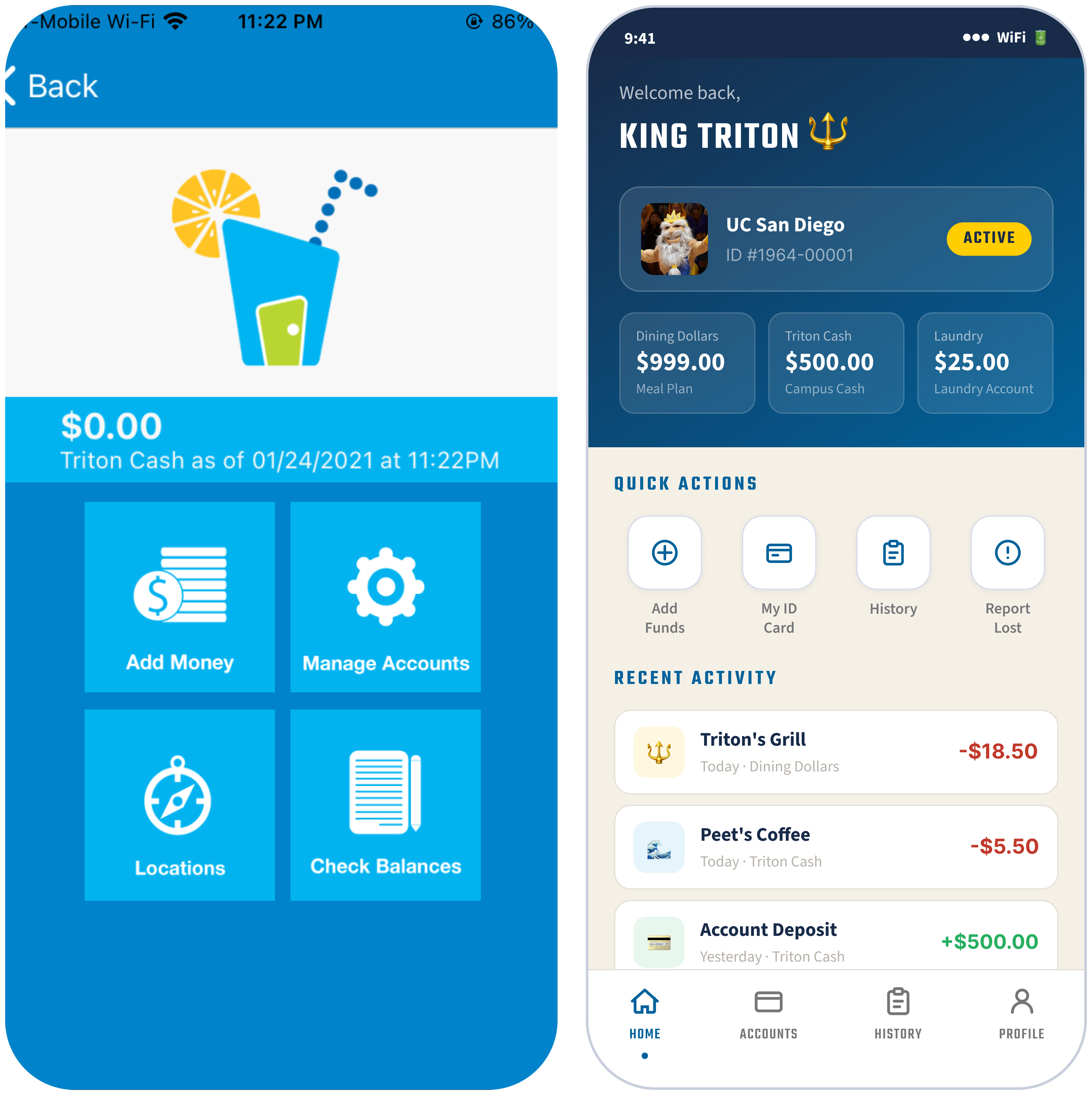 Home screen before and after redesign: original shows one balance; redesign shows all three balances on one screen with a persistent bottom navigation