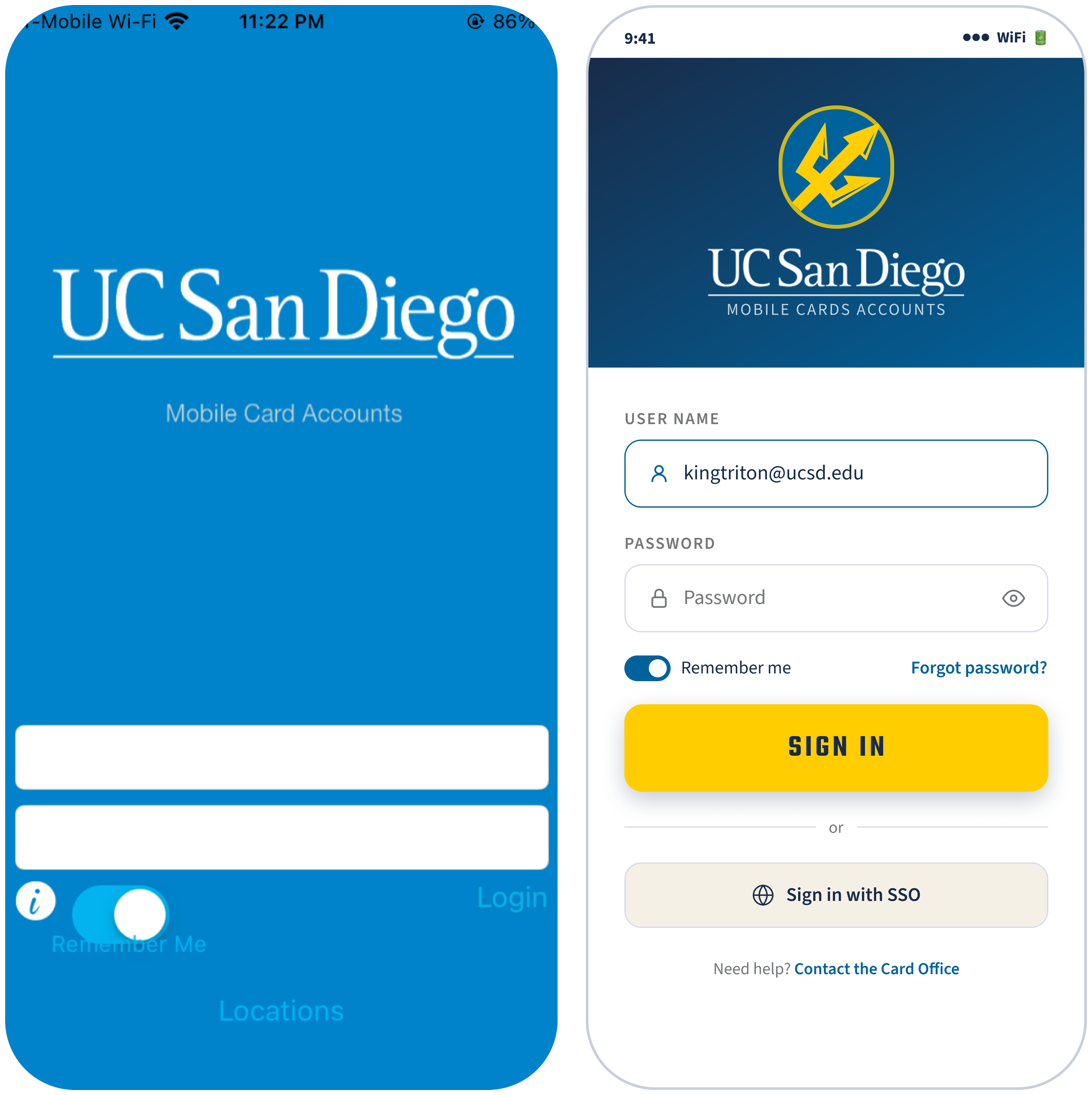 Login screen before and after redesign: original has unlabeled input fields and low contrast; redesign has labeled fields, WCAG-compliant colors, and a clear Sign In button